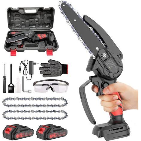 Mini Tronconneuse a Batterie, 6 Pouces Tronçonneuse Sans Fil Electrique, Tronçonneuse à Main 2 Batterie, 2Chaîne Pour La Coupe Du Bois, Les Branches D'arbres, Jardin, L'élagage, La Cour (1/5)