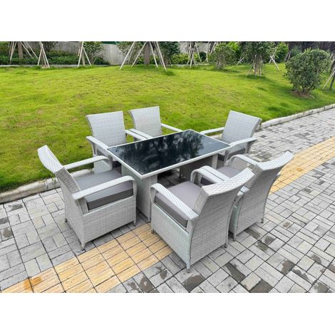 Fimous Light Grey Rattan Outdoor Garden furniture Set Black Tempered Glass Dining Table and 6 Chairs Set with Seat Cushion (1/4)