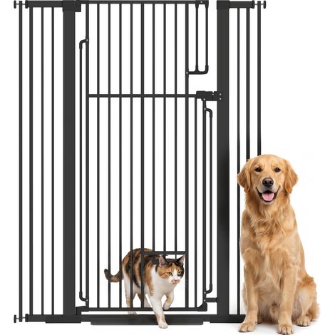 PawHut 135cm Extra Tall Dog Gate with Cat Door Fits Openings 81-108cm, Black (1/5)
