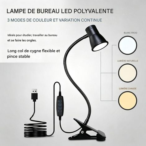 Lampe à pince LED USB, 3 modes de couleur, 10 niveaux de luminosité, col de cygne flexible 360°, lampe de bureau lecture pour table lit (1/5)