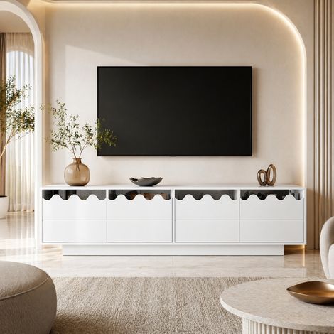 Mueble TV 170x40x45 cm Blanco con 4 puertas y estantes de vidrio templado (1/5)