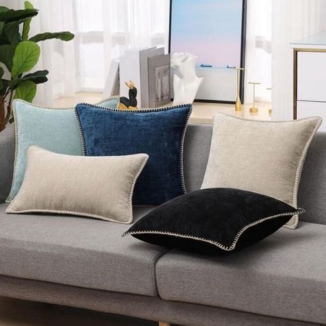 Lot de 2 housses coussin 45x45 cm en velours noir, bordure cousue, pour canapé & lit (1/5)