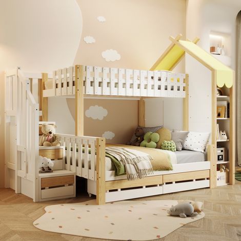 Litera infantil de madera de pino y MDF blanco/natural 90x200 cm + 140x200 cm con almacenaje integrado