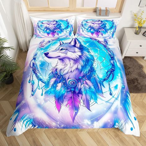 Parure de lit avec housse de couette 135 x 200 cm, motif attrape-rêves, motif loup, bleu et violet, esthétique, lumineuse, étoiles et animaux sauvages, décoration d'intérieur pour garçons (1/5)