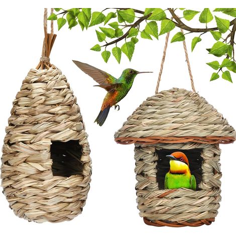 2 Pièces Nid Oiseau Fait à La Main, Grass Bird Hat, Nichoir Tissé, Maison pour Oiseaux de la Nature, Adapté aux Petits Oiseaux Tels Que Colibris, Perruche (Oval+Round) (1/5)