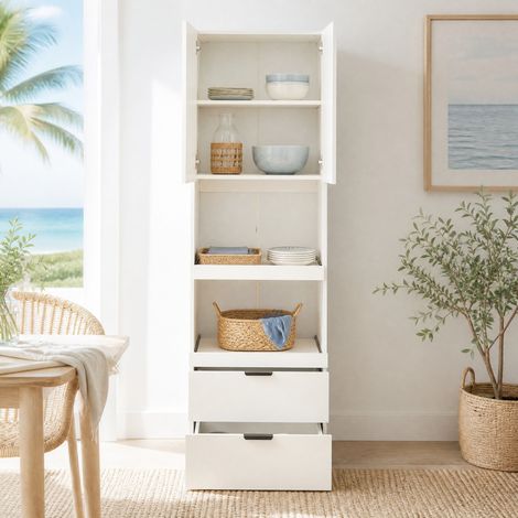 Armario de cocina alto blanco 200 cm con puertas, cajones y estantes abiertos, antivuelco OKMYHOME (1/5)