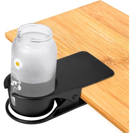 Lot de 2 porte-gobelets avec clip, table mobile, bureau, porte-gobelet latéral, bouteille de bière, boisson, boisson gazeuse, thé, soucoupe à café, design à clip pour la maison, le bureau (noir, blanc (1/4)