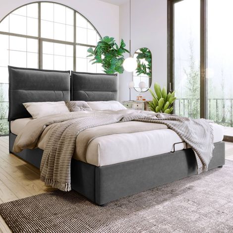 Lit double 140 x 200 avec tête réglable, sommier métallique et coffre hydraulique, velours gris, avec matelas (1/5)