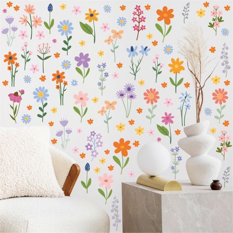 JSSEVN-8 PCS Pegatinas de pared retro de flores Boceto de flores silvestres Calcomanías de pared vintage Pegatinas de pared de flores coloridas para adultos (1/5)