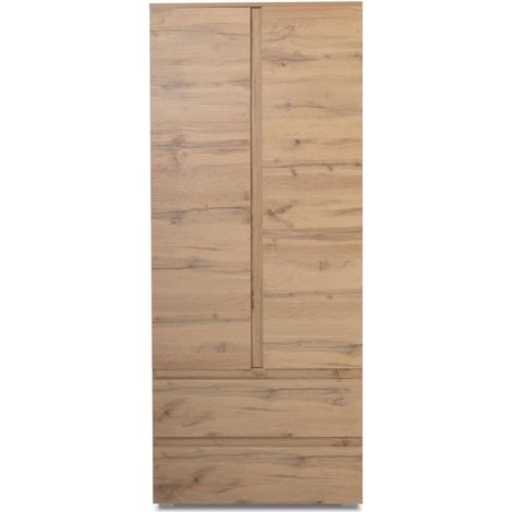 Armoire chambre adulte 2 portes 2 tiroirs – Décor chêne – Dimensions L80 x H191 x P40 cm – Optimisation espace avec 3 étagères (1/10)