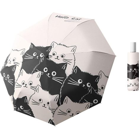 Parapluie chat dessin animé, parapluie pliant double usage pour femme, pare-soleil, protection solaire automatique pour étudiantes et protection UV - Chat noir et blanc - Ouverture et fermeture facile