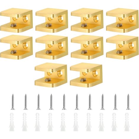 Pince de Fixation pour Étagère en Verre, Lot de 10 Pinces en Cuivre Doré Réglables pour Verre Épais de 10-12 mm, Support de Fixation pour Panneau en U (1/5)