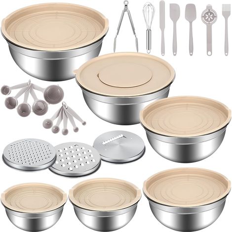 Lot De 6 Saladier Cul De Poule Inox Saladier Avec Couvercle Empilables (6.5l, 4.1l, 2.5l, 2 L, 1.6l, 1.2l) Bol Inox Cuisine Bowl De MéLange Fond En Silicone Ustensiles De Cuisine (1/5)