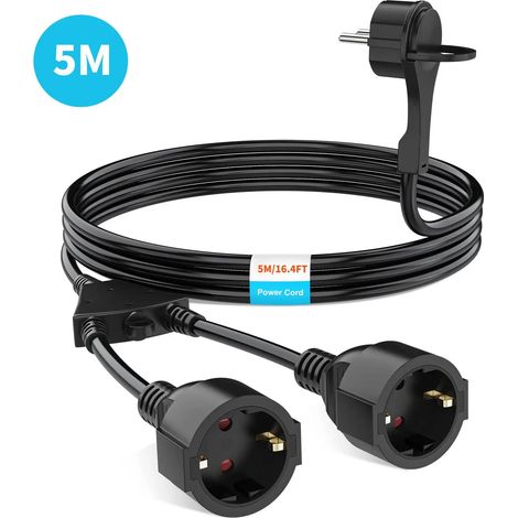 Rallonge électrique (2AC 5 m noire) à prise à anneau standard européenne, 4000 W, 16 A, 250 V, étanche IP44 (1/5)