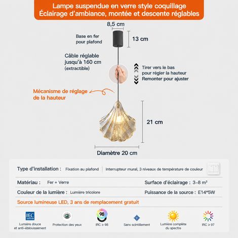 Suspension Verre Ambré Réglable en Hauteur avec Arrêt en Suspension, Modèle Suspension Nécessite d'être Équipé d'une Lumière 3 Couleurs 31 × 31 × 21 cm 1,3 kg – Livraison gratuite