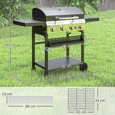 Barbecue à gaz, 4 brûleurs principaux, 1 brûleur latéral, 1 plaque de maintien au chaud  135 x 55 x 103 cm, noir (1/5)