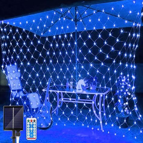 Rete luminosa a energia solare – 1,5 x 1,5 m – 96 LED impermeabili per esterni con 8 modalità di illuminazione – Telecomando per albero di Natale, prato, recinzione, muro (blu) (1/5)