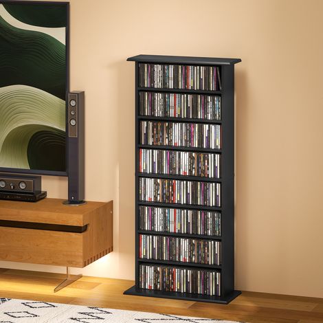 HOMCOM Étagère de Rangement CD/DVD/Blu-ray - 8 Compartiments & 6 Étagères Réglables, Capacité 360 CD/185 DVD, Noir