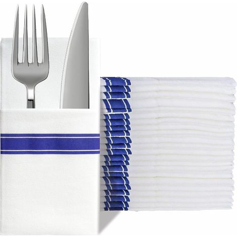Pack of 100 Pre-Folded Disposable Paper Napkins with Pockets - Linen Feel, Absorbent for Kitchen, Dinner, Wedding - Blue (1/5)