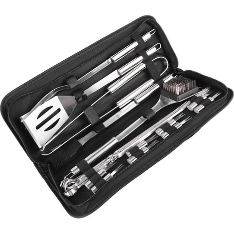 Ensemble de 20 pièces pour barbecue professionnel en acier inoxydable : pinces à barbecue, spatule, fourchette, brosse – idéal pour le camping et les voyages. (1/5)