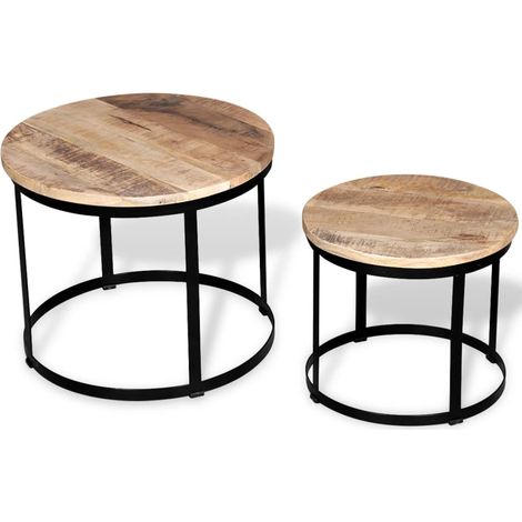 2-tlg. Couchtisch-Set Raues Mangoholz Rund 40cm/50cm
