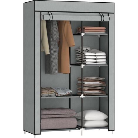 Armoire penderie en non tissé gris clair avec 6 étagères et 1 barre pour un rangement élégant et optimisé dans votre espace (1/5)