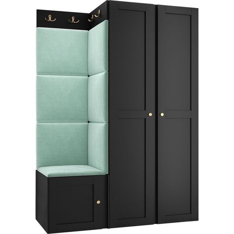 Meuble d'entrée Hartford 379, Noir, 186x116x46cm, MDF, Stratifié, Tissu, Murale, À poser