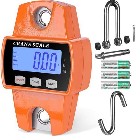 Bilancia digitale sospesa da 660 libbre con alloggiamento in alluminio pressofuso, mini bilancia portatile da 300 kg con ganci per fattoria, caccia, pesca e attività all'aperto (arancione)