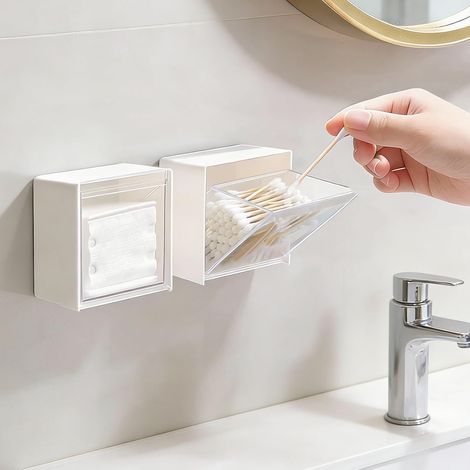 Juego de 2 cajas de almacenamiento de pared, organizador de baño autoadhesivo para bastoncillos de algodón, contenedor colgante de plástico blanco para la puerta del armario de la cocina
