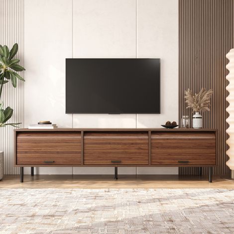 Mueble bajo para TV de 180x40x55 cm con 3 puertas correderas hacia arriba, espacio de almacenamiento, MDF y aglomerado, acabado en nogal (1/5)