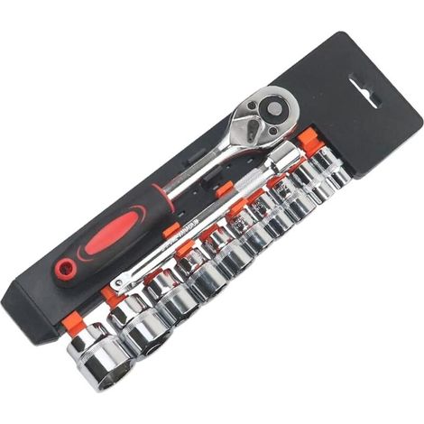 Set di 12 chiavi a bussola da 3/8" con cricchetti, inserti esagonali da 8 mm a 19 mm, pulsante di rilascio e prolunga a cricchetto reversibile in Cr-V da 155 mm.