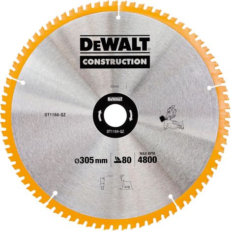 Lama per sega circolare da costruzione deDeWalt DT1184-QZ 305 x 30 x 2,41 mm, 80 denti, angolo de 7°, alta precisione per tagli in materiali resistenti.