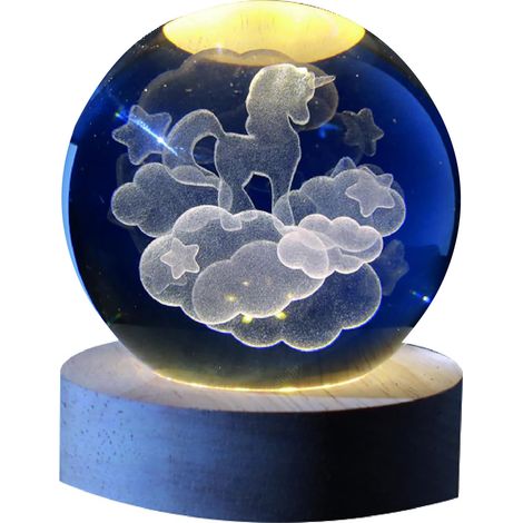 Boule de verre 3D avec LED RGB effet au plafond, veilleuse pour enfants, lampe de nuit avec base en bois, thème fantastique