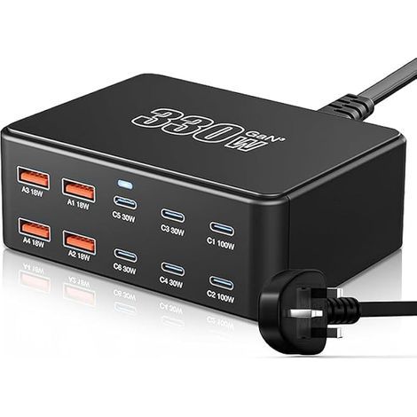 Cargador USB múltiple, GaN III 330 W, 10 puertos, estación de carga rápida con 6 USB-C y 4 USB-A PD PPS 100 W, adaptador para ordenador portátil MacBook Pro/Air, iPad Pro (1/5)