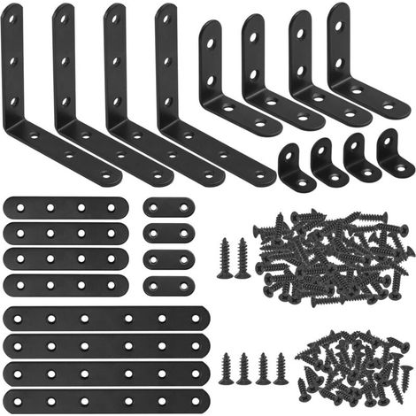 Set bestehend aus 134 schwarzen Eckwinkeln, 24 L-förmigen Winkeln und einem flachen Metallwinkel mit 110 Schrauben für Holzstühle, Bücherregale, Bretter, Fenster und Möbel. (1/4)
