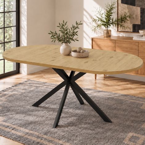 Table à manger extensible, 120-160x80 cm, pour salle à manger cuisine et salon 4 à 6 personnes, plateau ovale, en MDF, avec pieds en métal, Bois (1/5)