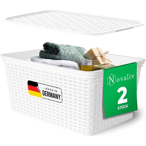 Novaliv lot de 2 paniers de rangement élégants avec couvercles aspect rotin Plastique alimentaire blanc 14L Parfait pour la salle de bain et le