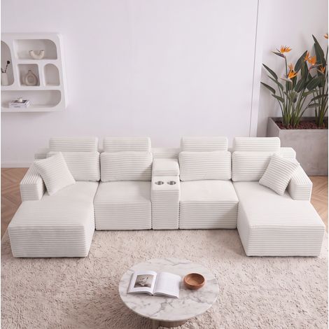 U-förmiges modulares Cordsofa 373 x 150 cm in Cremeweiß mit 2 Getränkehaltern OKWISH (1/5)
