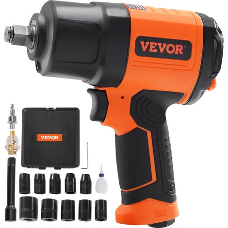 VEVOR Cle a Choc Pneumatique Carre 1,27 cm Cle a Chocs Air Comprime 1898 Nm 8000 tr/min Plastique et Acier avec Douilles Connecteur Rapide Air Barre Extension pour Reparations Auto Lourdes Mecaniciens