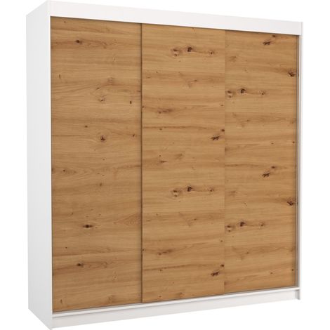 Armoire chambre adulte blanche et bois artisan 2 portes coulissantes Kamia 200cm (1/5)