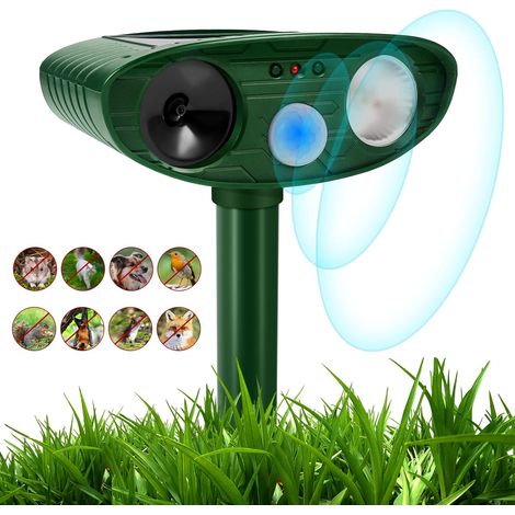 Répulsif pour chat, répulsif solaire pour animaux, jardin étanche, répulsif pour animaux à ultrasons avec lampe flash LED et haut-parleur à capteur de mouvement PIR, utilisé dans les jardins (1/5)
