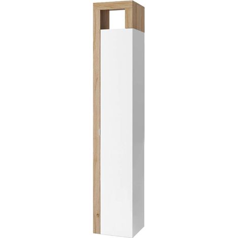 ARTURO - Armoire 1 porte 5 étagères blanc laqué et aspect bois finition Cadiz