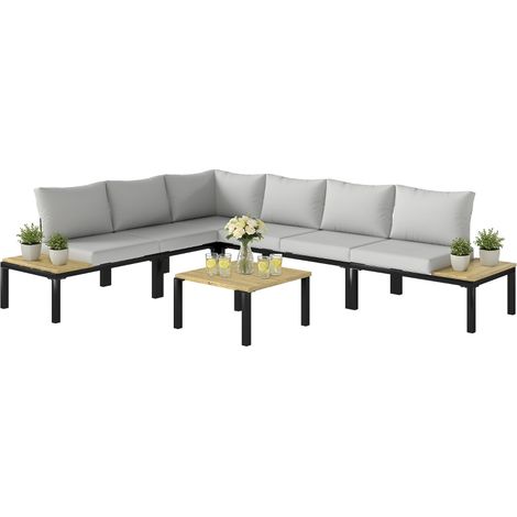 Salon de Jardin Modulaire 6 Pièces Ensemble Canapé Extérieur Transformable en Lit Table Basse et Plateaux Latéraux Gris (1/5)