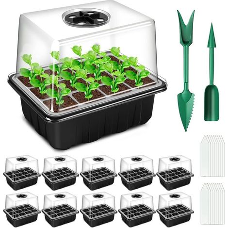 Mini Serre pour Plantes, 10 Pièces 120 Cellules Intérieure Plateau Semis avec couvercles rehaussés, Bac à semis Pépinière Boîte de Culture Durables, Noir