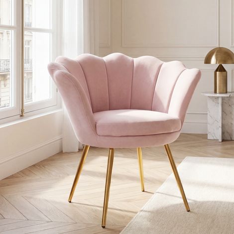 Wahson Freizeitsessel Samt-Bezug, Muschel-Sessel eleganten goldenen Metallbeinen für Schlafzimmer und Wohnzimmer,Rosa
