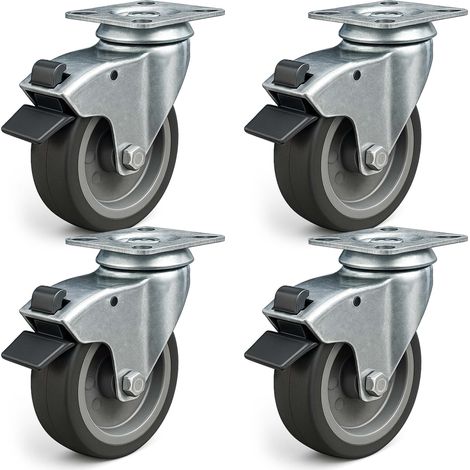 Juego de 4 ruedas giratorias 100 mm ruedas de plástico con freno placa de montaje máx. 80 kg/rueda