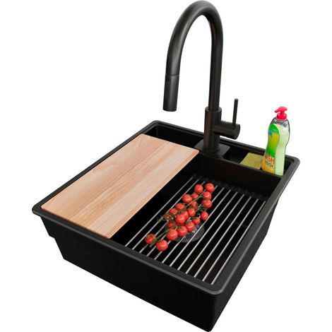 PRIMAGRAN Evier Cuisine en Granit 48x53cm,Lavabo 1 bac + Robinet 40x20cm + Kit de Vidage + Accessoires, Évier à Encastrer au meuble 50cm - New York, Noir (1/5)