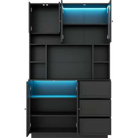 Buffet haut noir en MDF avec portes acryliques arquées, étagères ouvertes et LED via application (1/5)