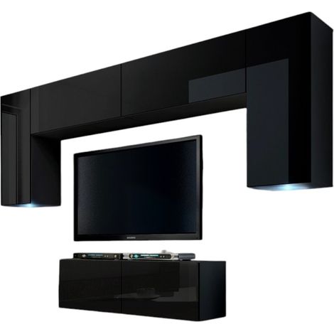 Conjunto de muebles de salón negro colgantes colección CEPTO II 256cm, 6 puertas, 4 estantes, leds, modulares.