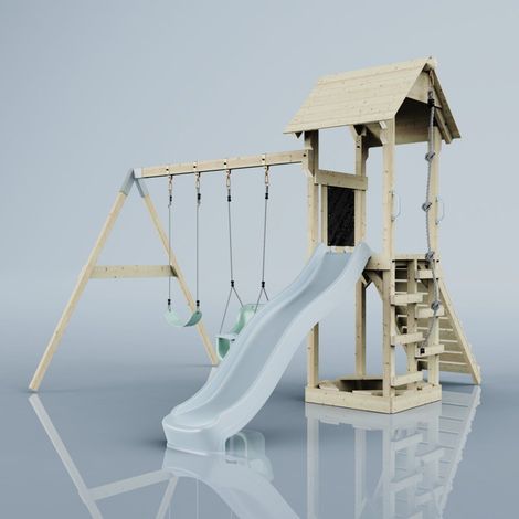 PolarPlay Tower Kids Wooden Climbing Frame - Swing Olavo Mist (1/5)